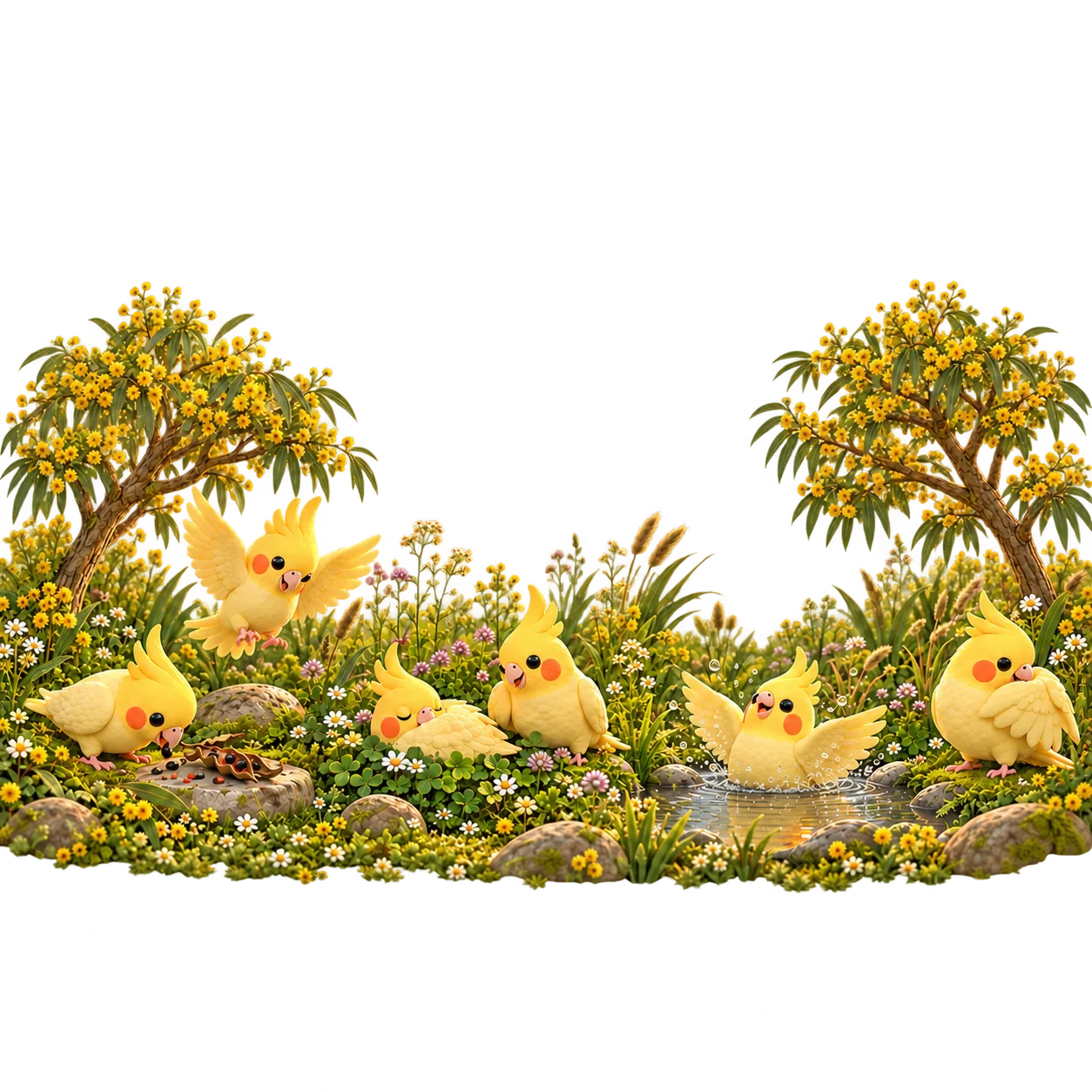 Six cockatiels among Australian acacias and wildflowers: feeding on seeds, landing, resting, splashing in a pond, and preening.