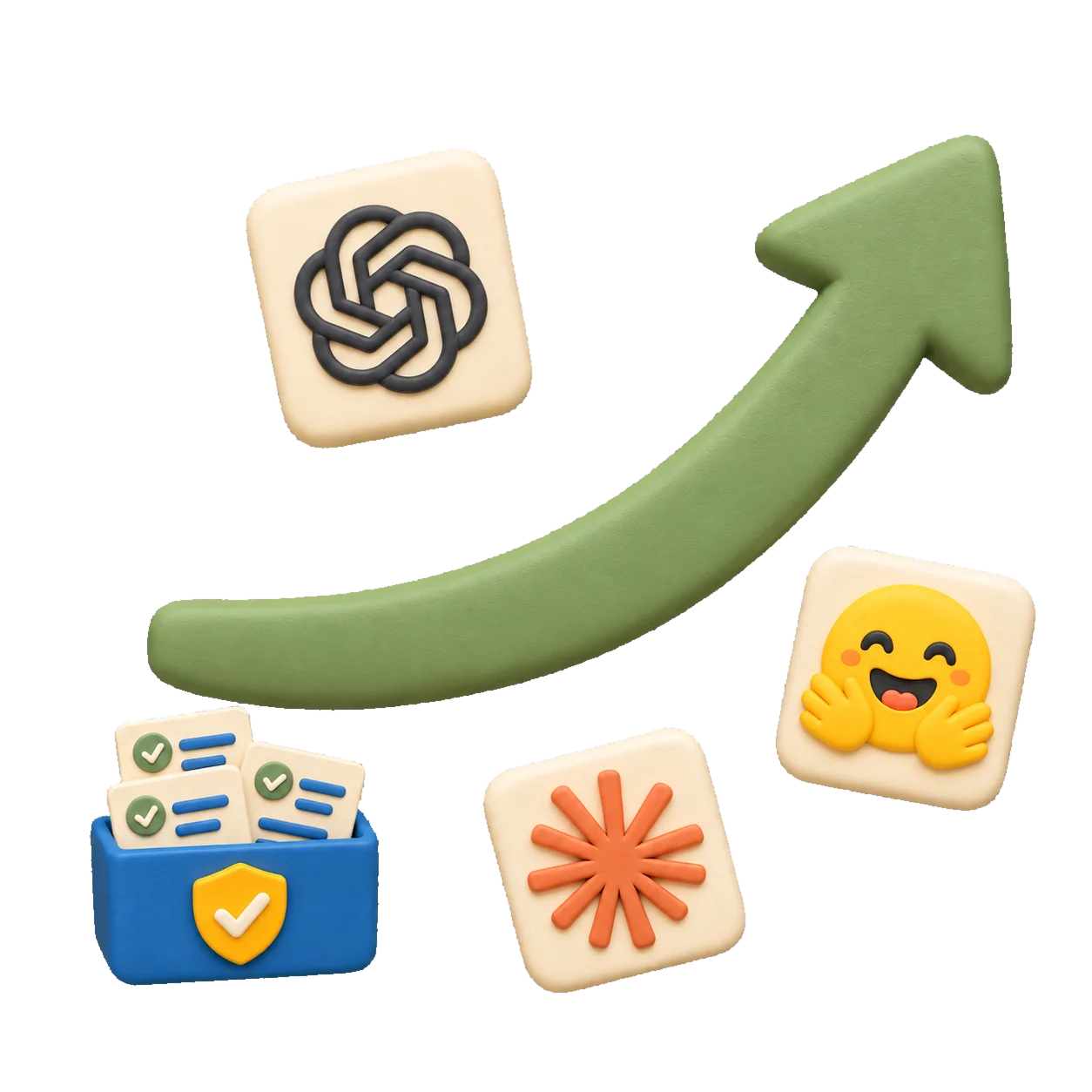 A rising growth arrow accompanies shared policies and OpenAI, Claude, and Hugging Face models.