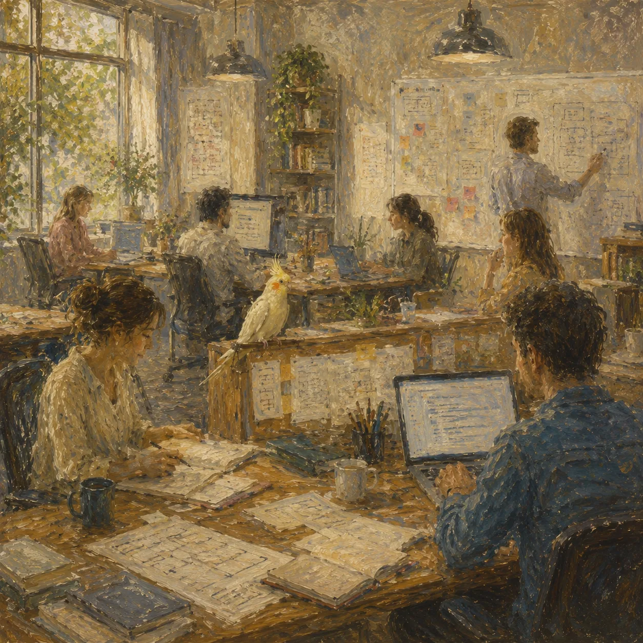 An impressionist software office with a cockatiel among collaborating teams