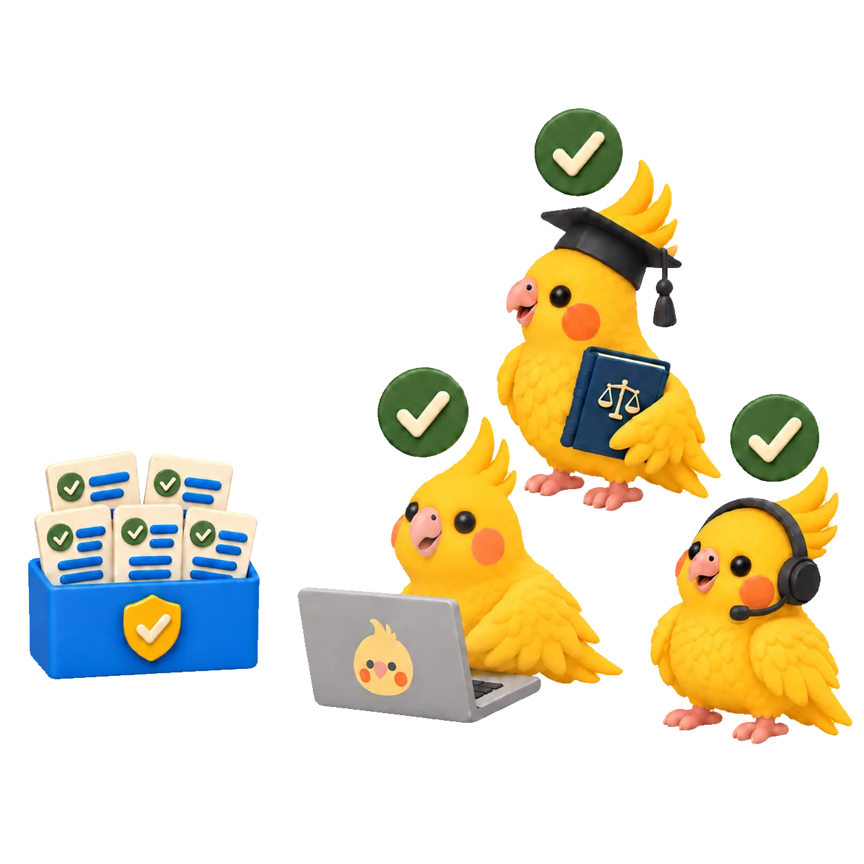 Software engineer, lawyer, and customer support cockatiels approve a shared container of rubrics with floating checkmarks.