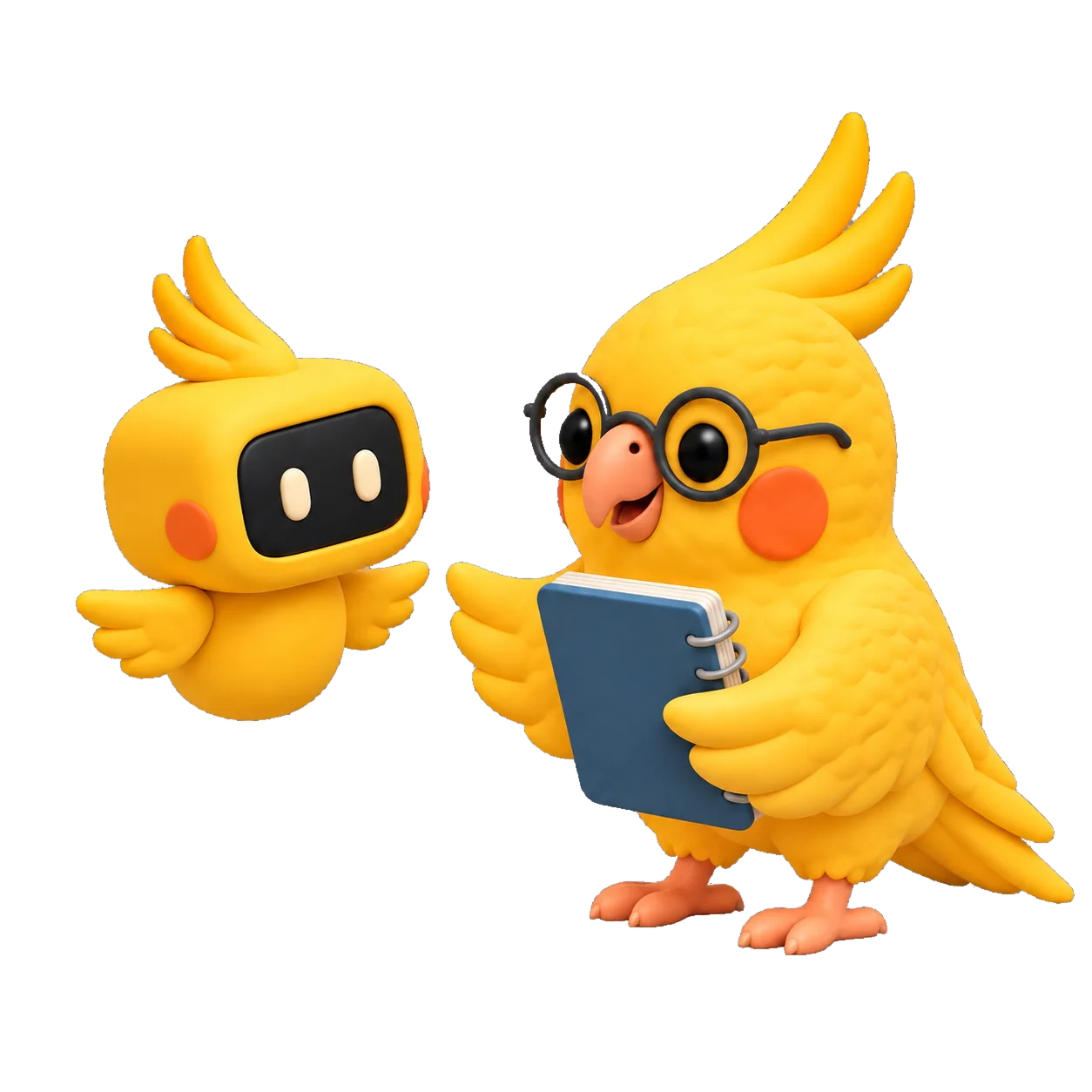 A small flying AI cockatiel listens to a confident expert cockatiel holding a blue notebook.