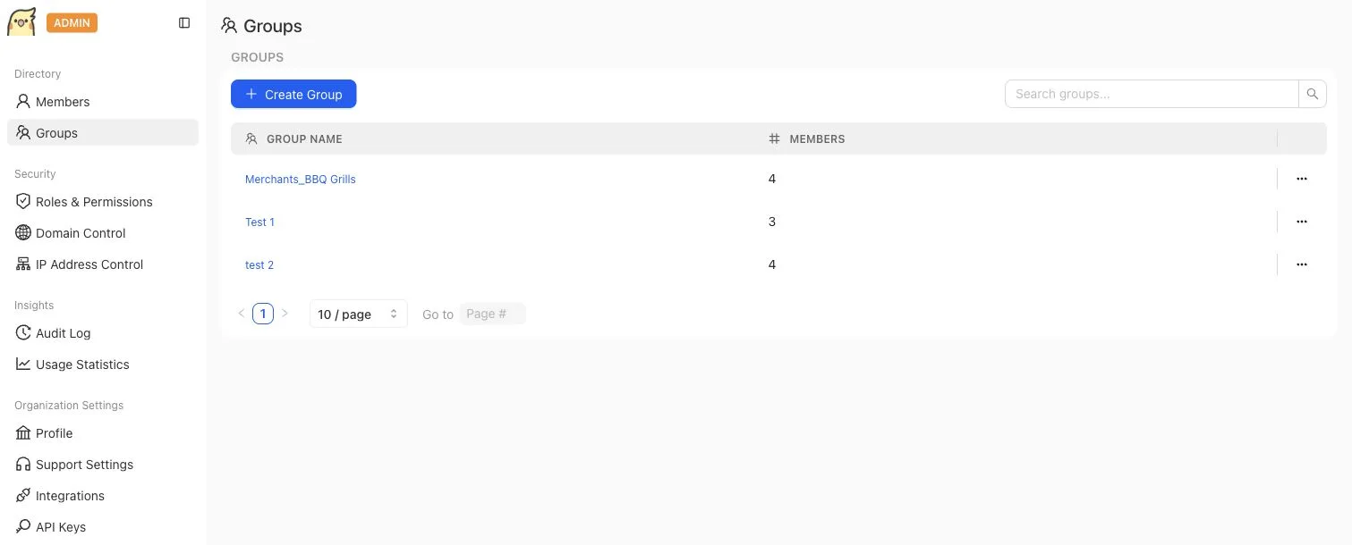 Admin Console Groups overview showing group count, role columns, and member count columns.