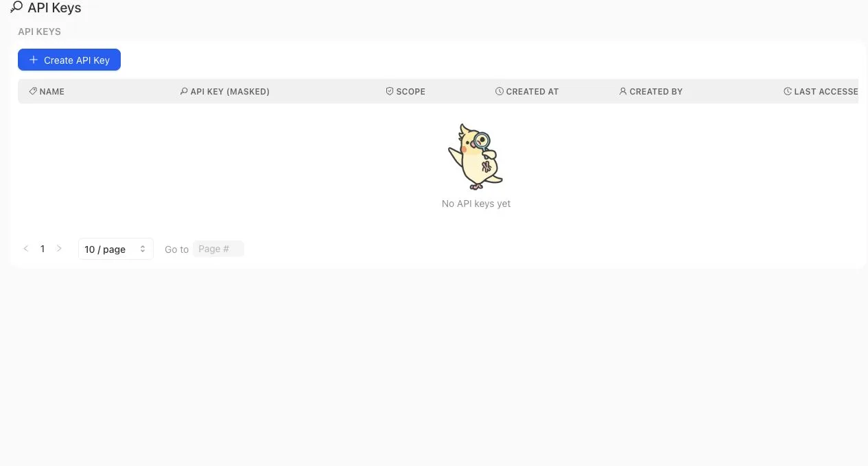 Admin Console API Keys table with create action, masked key column, scope column, and empty-state row.