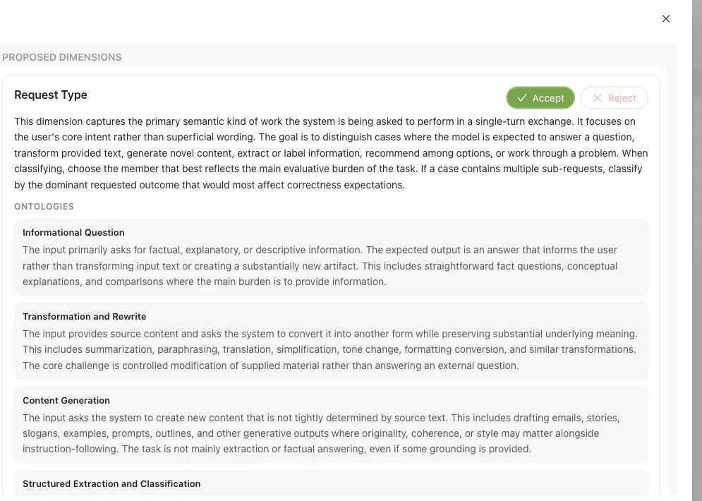 Generated Dimension proposal with a definition, proposed ontology values, and separate Accept and Reject actions.
