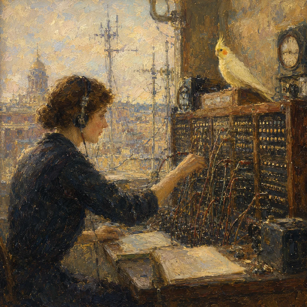 An impressionist telephone switchboard with a cockatiel beside the operator