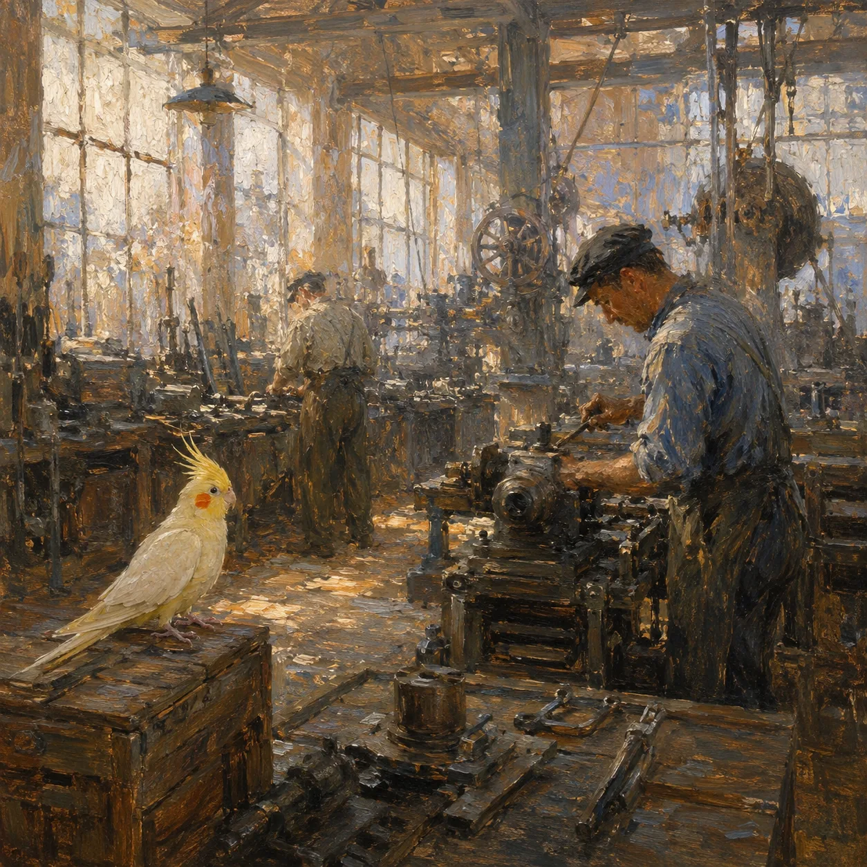 An impressionist machine workshop with a cockatiel beside the equipment