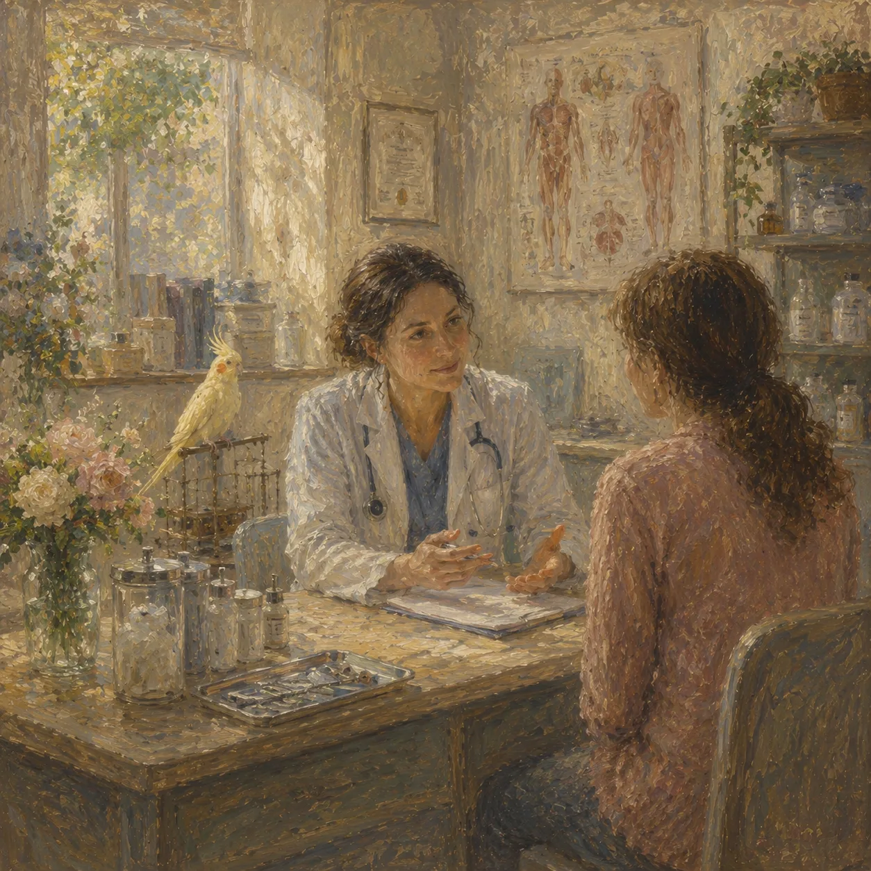 An impressionist clinic consultation with a cockatiel beside the doctor