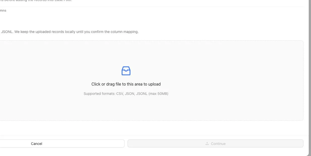 Case Pool upload step with a file drop area for CSV, JSON, or JSONL source records before column mapping.