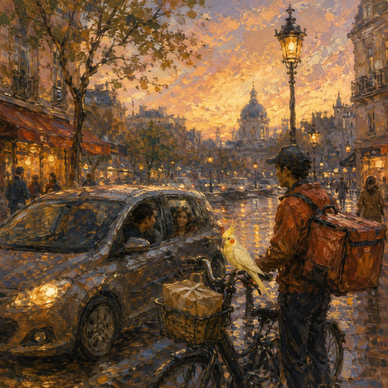 An impressionist city delivery street with a cockatiel between a car and cyclist