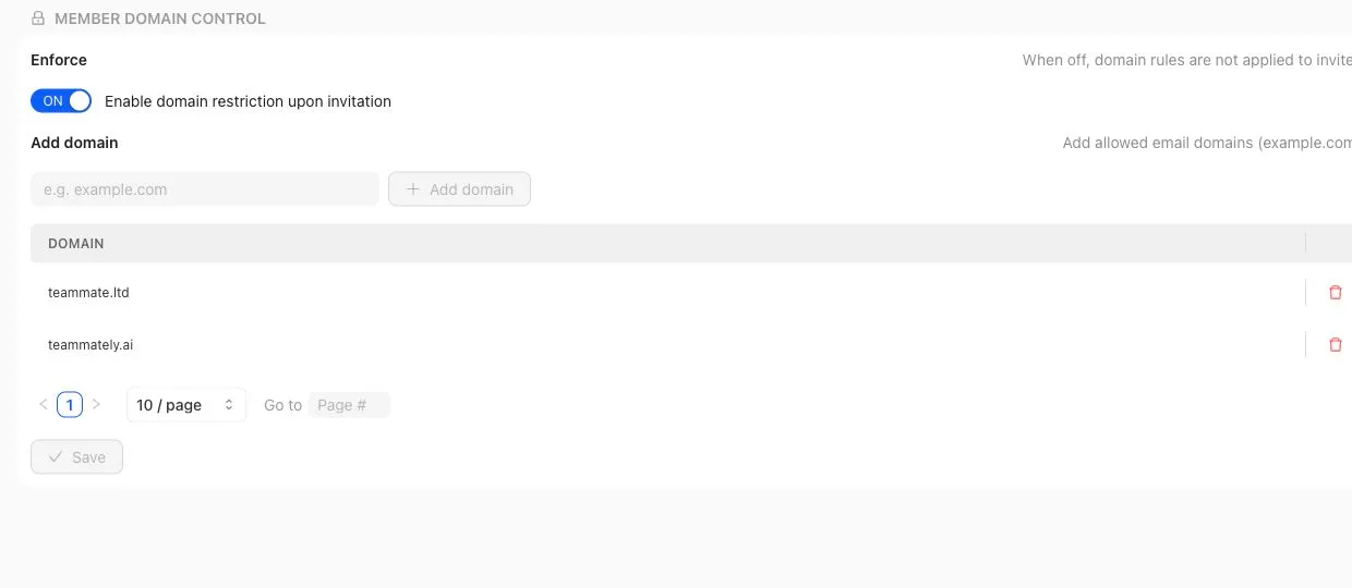 Domain Control screen with an enabled domain restriction setting and allowed company domain list.