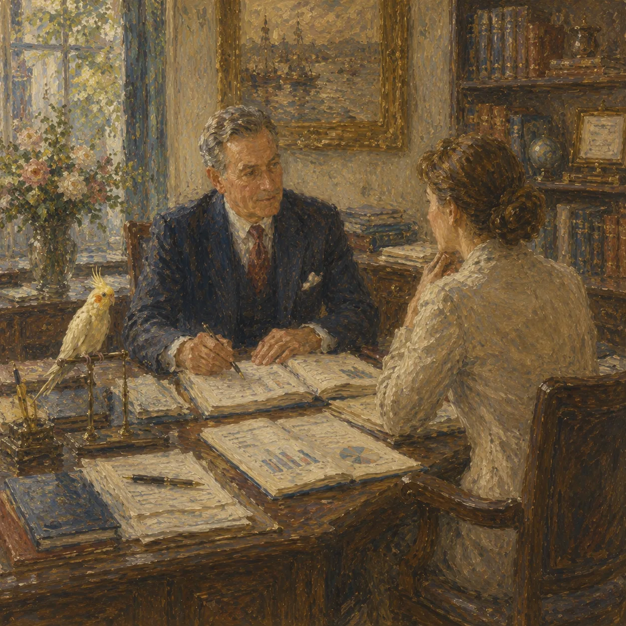 An impressionist advisor meeting