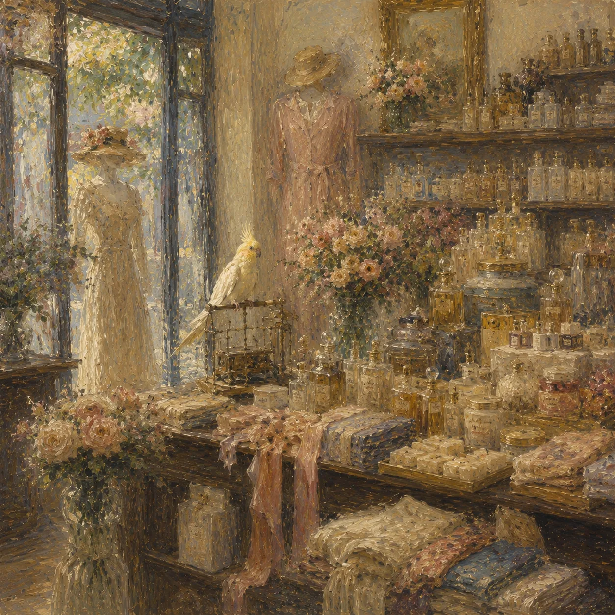 An impressionist beauty counter with a cockatiel among the displays