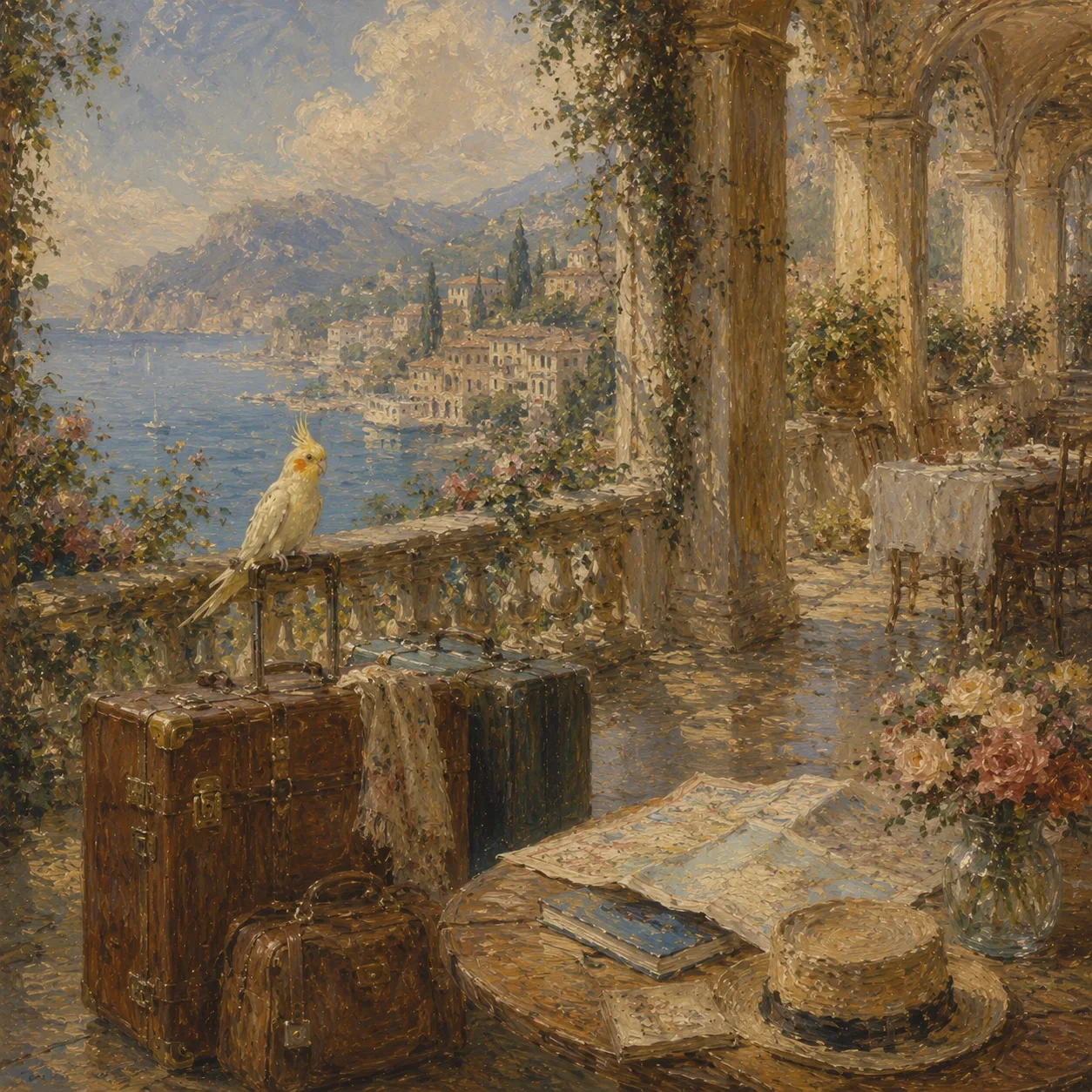 An impressionist coastal journey with a cockatiel, luggage, and maps