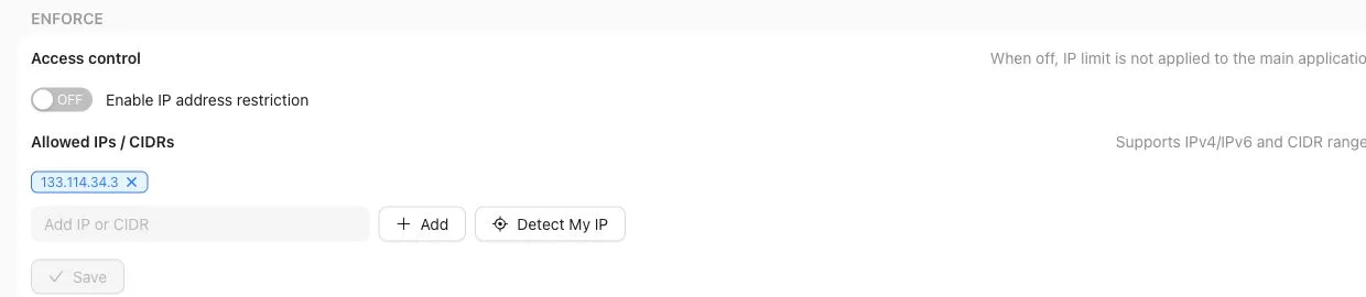 IP Address Control screen focused on enablement controls for limiting access by IP allowlist.
