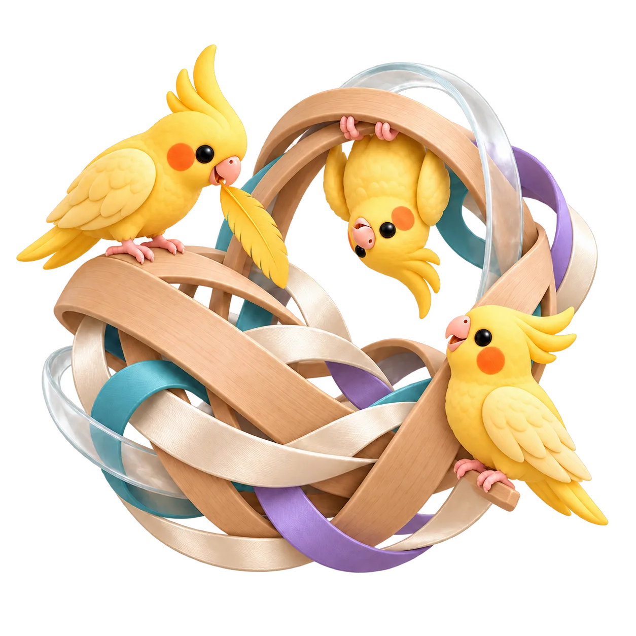 Three cockatiels explore a ribbon nest, carrying a feather in a beak, hanging from the arch, and perching on the rim.