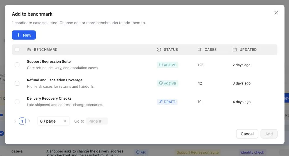 Add to benchmark dialog listing available Benchmarks, their status, Case count, and last-updated time.